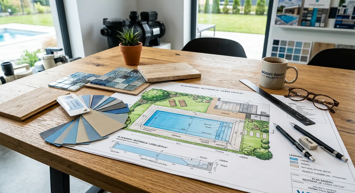 Planung eines Pools mit Material- und Folienmustern